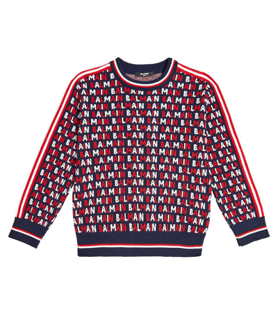 Balmain Kids' Monogram Crewneck Cotton Jumper In Blue