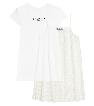 Balmain Kids' Polka-dot Cotton Jersey Dress In White
