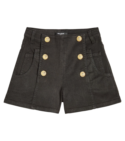 Balmain Kids' 纽扣缀饰棉质混纺短裤 In Black