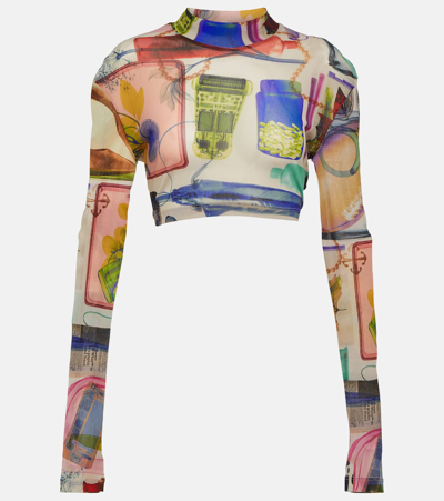 Off-white Printed Tulle Crop Top In Multicoloured