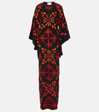 Johanna Ortiz + Net Sustain Historias Salvajes Embroidered Silk Crepe De Chine Maxi Dress In Black