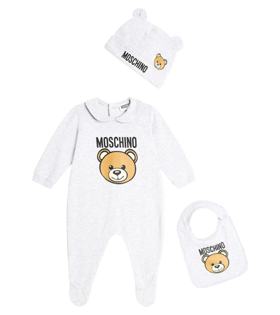 Moschino Baby Cotton Jersey Playsuit, Beanie, And Bib Set In Grey