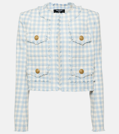 Balmain Plaid Tweed Fringe-trim Jacket In Celeste E Bianco