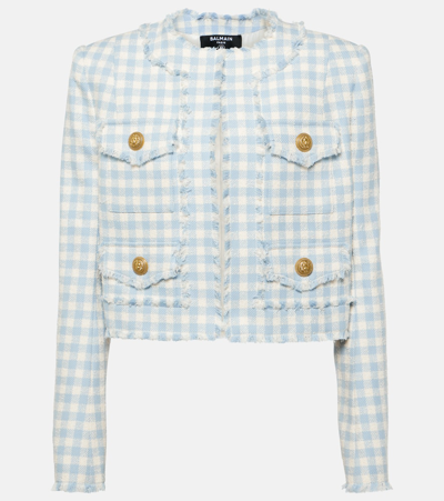 Balmain Blue Plaid Cropped Tweed Jacket
