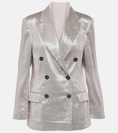 Brunello Cucinelli Metallic Linen Double-breasted Blazer Jacket In C281 Silver