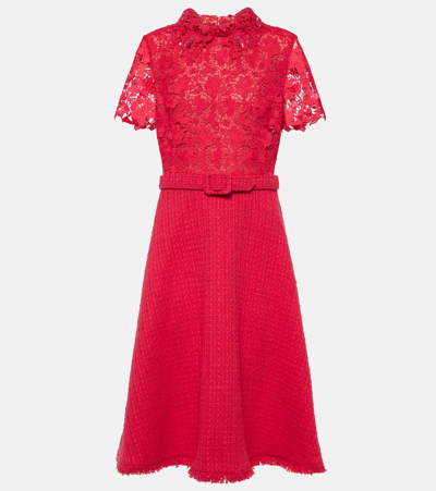 Oscar De La Renta Short-sleeve Gardenia Guipure And Tweed Midi Dress With Self-belt In Pink