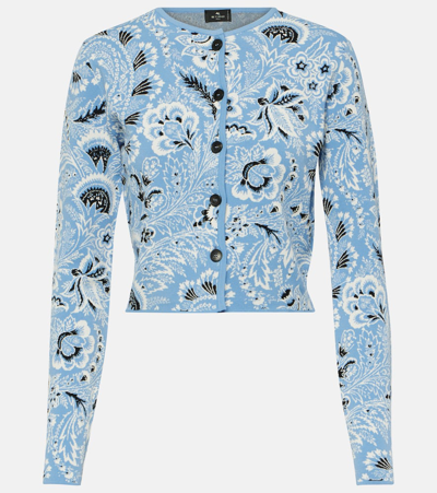 Etro Cropped Paisley-jacquard Cardigan In Print On Pale Blue Base