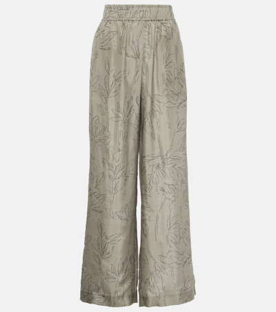 Brunello Cucinelli Floral Silk Wide-leg Trousers In Brown