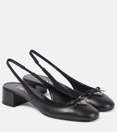 Prada Bow-detail Logo Leather Slingback Pumps In Black