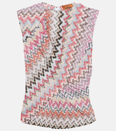 Missoni Gathered Striped Metallic Crochet-knit Top In Pink