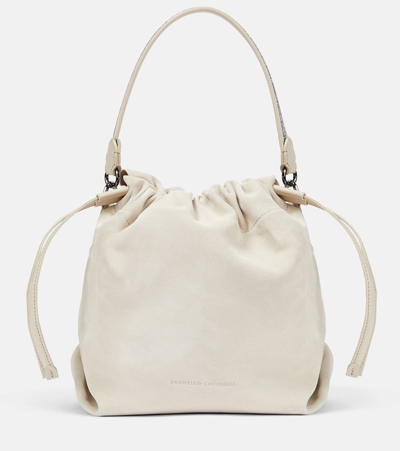 Brunello Cucinelli Suede Bucket Bag In Light Grey