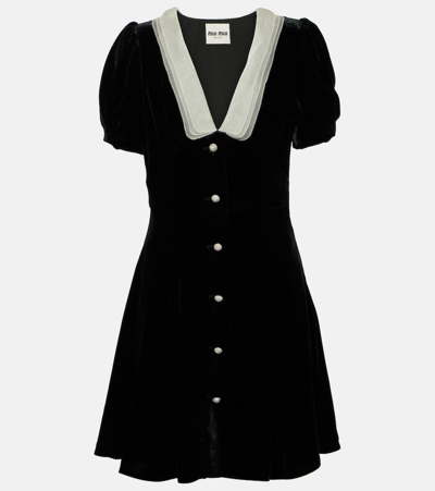 Miu Miu V-neck Organza-trimmed Velvet Minidress In Black