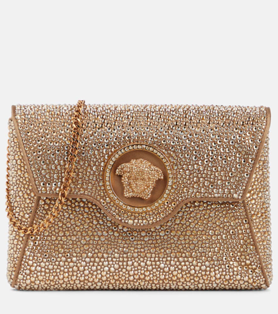 Versace La Medusa Crystal Clutch Bag In Neutrals/gold