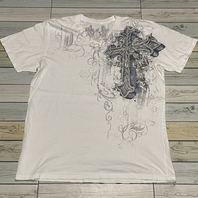 Pre-owned Affliction X Ed Hardy Ring Of Fire Wings Cross Tee Y2k Affliction Style In White