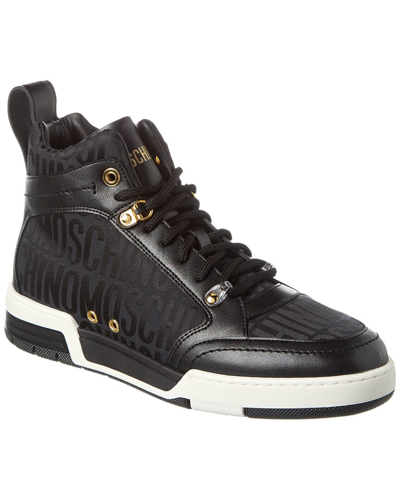 Moschino Black Leather And Canvas Monogram Jacquard High Top Sneakers