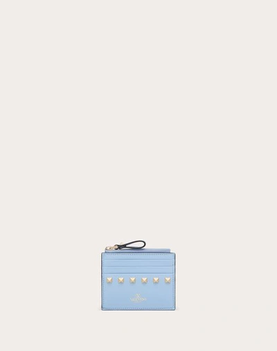 Valentino Garavani Rockstud Calfskin Cardholder With Zip Woman Azure Uni In アジュールブルー