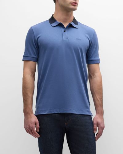 Hugo Boss Interlock-cotton Slim-fit Polo Shirt With Colour-blocked Collar In Light Blue