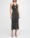 Ramy Brook Frida Stripe Halter Midi Dress In Blackivory Textur