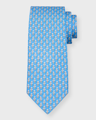 Ferragamo Fish Print Silk Classic Tie In Azzurro