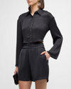 Ramy Brook Skyla Satin Button-front Crop Top In Black