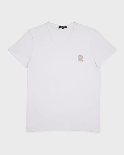 Versace Men's Logo V-neck T-shirt In Optical White
