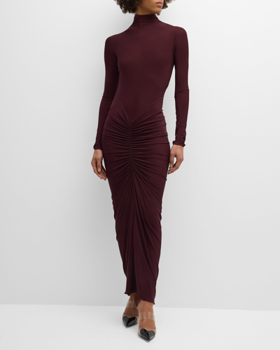 Alaa Ruched Mock Neck Fitted Dress In Bordeaux | ModeSens