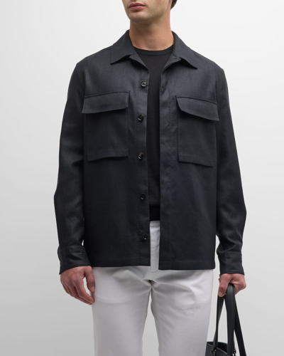 Zegna Men's Oasi Linen Overshirt In Black Solid