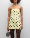 AREA POLKA DOT STRAPLESS DENIM MINI DRESS