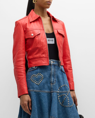 Moschino Jeans Cropped Faux Leather Jacket In Pink