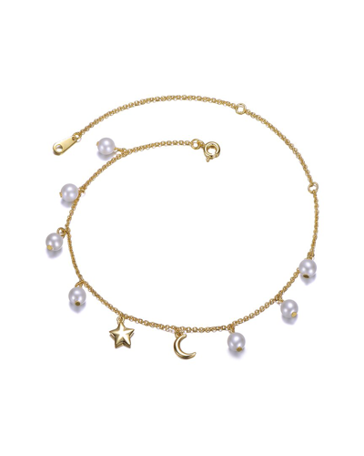 Genevive 14k Plated 4mm Pearl Cz Ankle Bracelet In Gold