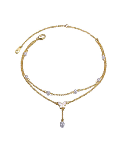 Genevive 14k Plated 3-4mm Pearl Cz Ankle Bracelet In Gold