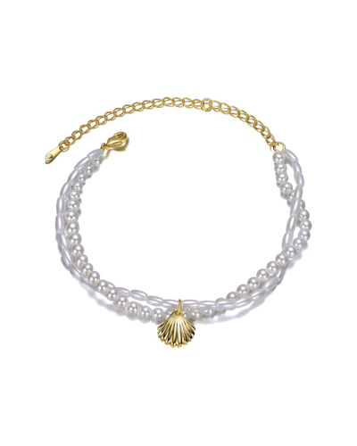 Genevive 14k Plated 4mm Pearl Cz Ankle Bracelet In White