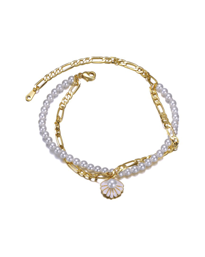 Genevive 14k Plated 4mm Pearl Cz Ankle Bracelet In Gold
