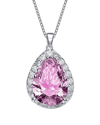 Rachel Glauber Rhodium Plated Cz Pendant Necklace In Pink