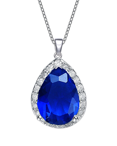 Rachel Glauber Rhodium Plated Cz Pendant Necklace In Blue