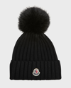 Moncler Ribbed Wool Beanie With Faux Fur Pom In Black