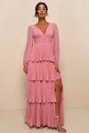 Lulus Graceful Finesse Dusty Rose Pleated Long Sleeve Maxi Dress In Dusty Rose