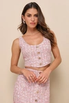 Lulus Charming Icon Pink Tweed Lurex Sleeveless Button-front Top In Pink