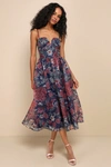 Lulus Cherished Aura Navy Blue Floral Organza Bustier Midi Dress In Navy Blue