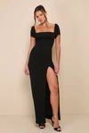 Lulus Magnificent Impression Black Square Neck Short Sleeve Maxi Dress In Black