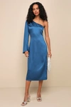 LULUS POSITIVELY EXCELLENT TEAL BLUE SATIN ONE-SHOULDER MIDI DRESS