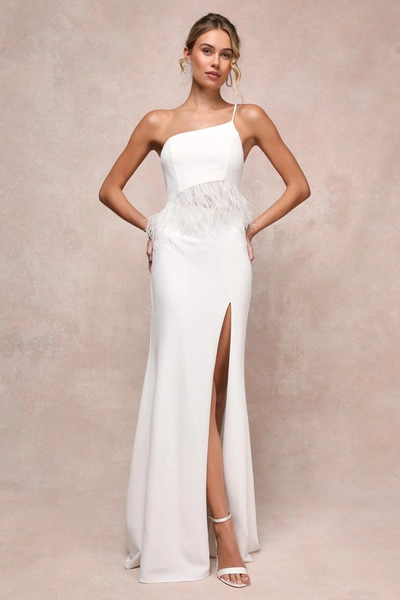 Lulus Glam Bliss White Feather One-shoulder Cutout Maxi Dress