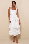 Lulus Exceptional Entrance White Sleeveless Tiered Rosette Midi Dress In White