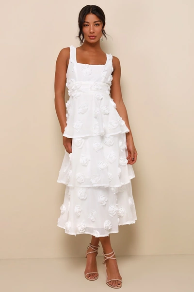 Lulus Exceptional Entrance White Sleeveless Tiered Rosette Midi Dress