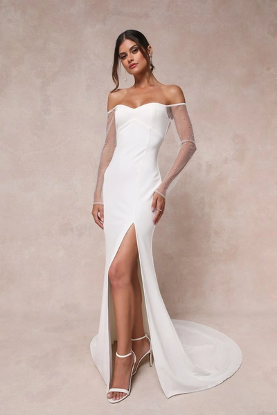 Lulus Eternally Beloved White Mesh Off-the-shoulder Pearl Maxi Dress