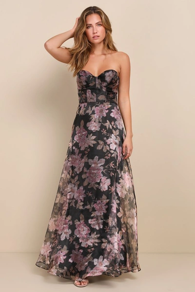 Lulus Exclusive Glamour Black Floral Organza Strapless Maxi Dress