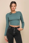LULUS BEGIN WITH THE BASICS TEAL GREEN LONG SLEEVE CROP TOP