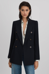 Reiss Navy Tailored Textured Wool Blend Double Breasted Blazer