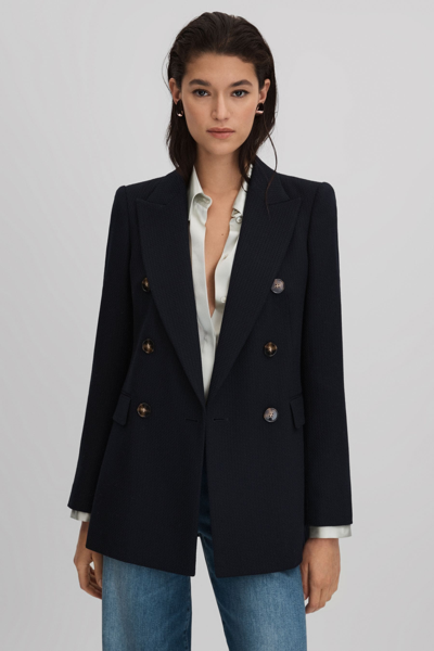 Reiss Lana - Navy Tailored Textured Wool Blend Double Breasted Blazer, Us 0