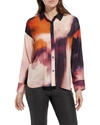 LYSSÉ PRINTED STITCHED SATIN WATERCOLOR BLOUSE IN PURPLE WATORCOLO